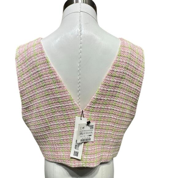 ZARA Pink & Green Tweed Cropped Vest - Vintage-Inspired Button Front Top - Picture 7 of 9